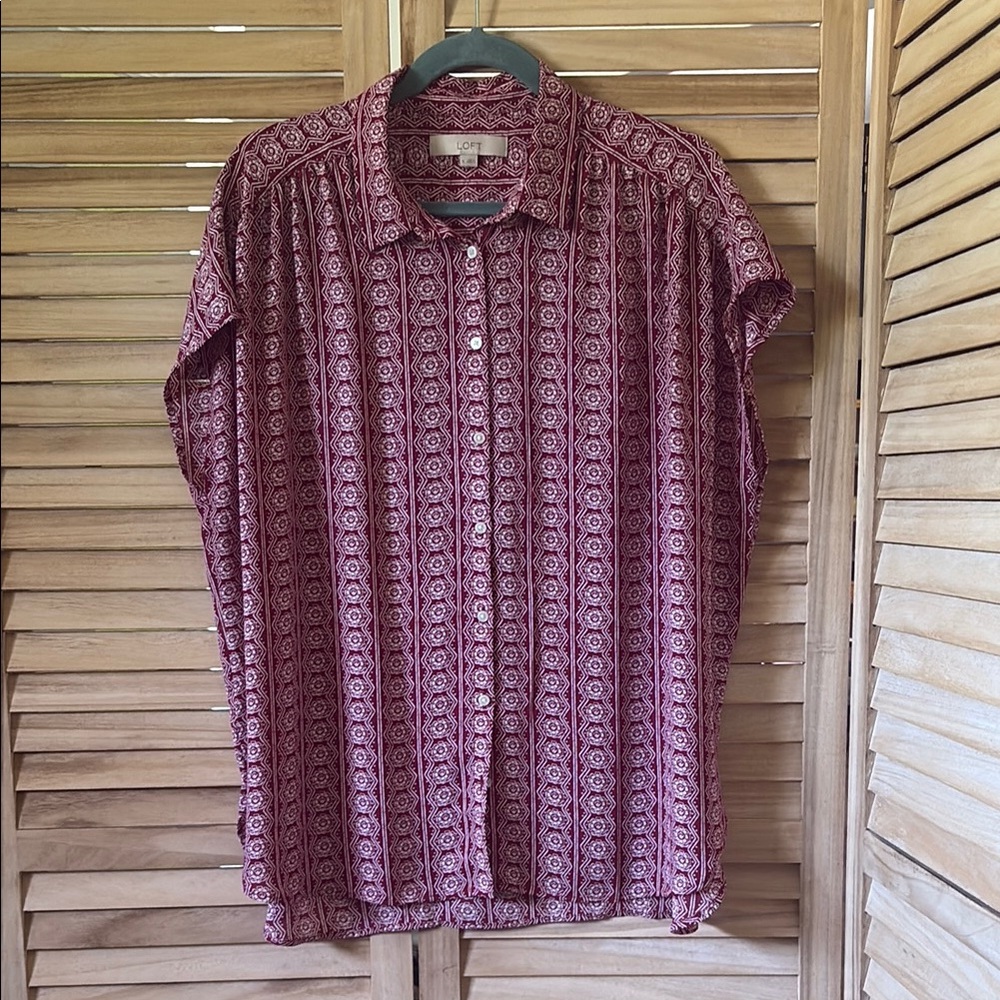LOFT Red Button Down blouse with Geometric Pattern